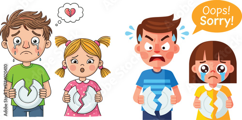 Cartoon kids expressing emotions with broken plates, sadness, anger, and apology, emotional reaction, empathy, forgiveness, childhood behavior illustration, learning
