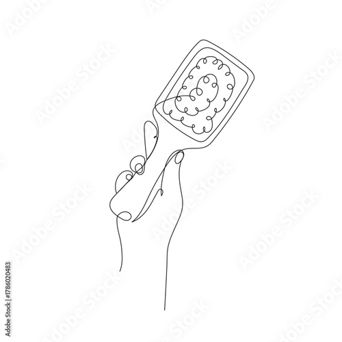 Hand holding paddle hair brush. Minimalist one line vector illustration for beauty, hair care, salon, fashion design projects.