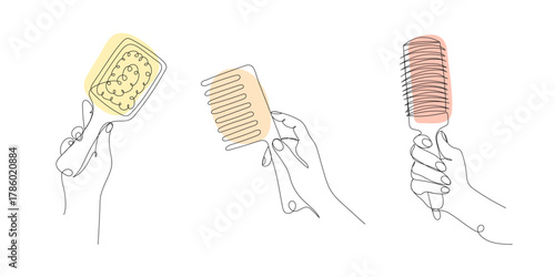Set of hands holding hair brushes and comb. Minimalist one line vector illustration for beauty, hair care, salon, fashion design projects.