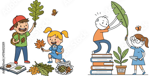 Happy children exploring nature, collecting leaves, studying plants, learning botany, teamwork, science education, outdoor discovery, ecology study, environmental awareness