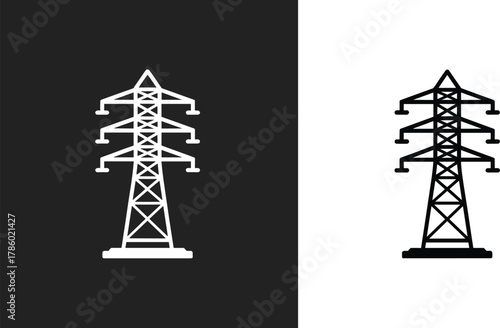 Minimalist black and white illustration of an electrical transmission tower with inverted color contrast design concept