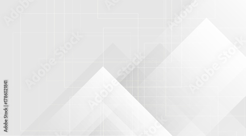 A modern abstract background features intersecting white and gray squares, triangles, and subtle grid patterns, creating a sleek, clean, and minimalist geometric design