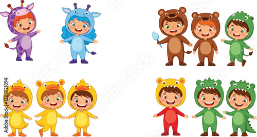 Children in animal costumes, giraffe, bear, frog, duck, smiling kids, costume party, playful outfits, fun, colorful, happy, preschool, kindergarten, group, matching, cute, joyful