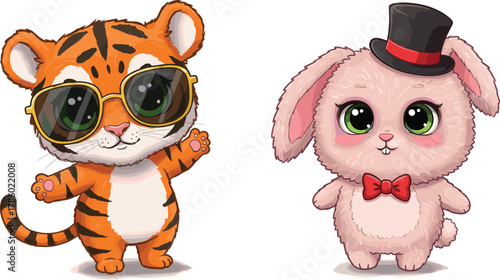 Cartoon tiger with sunglasses, pink bunny in top hat, playful animal characters, cute illustration, children’s design, anthropomorphic style