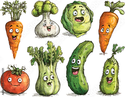 Cartoon vegetables with faces, cute carrot broccoli tomato garlic lettuce cucumber bok choy pickle, kids food illustration, healthy eating concept