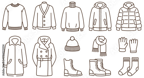 Winter Clothing and Accessories Line Art Collection for Seasonal Fashion