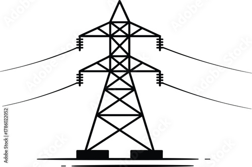 Minimalist black and white line art of a high voltage electricity transmission tower with power lines on a neutral background