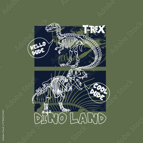 Dino Land skeleton vector kids boys graphic tee design