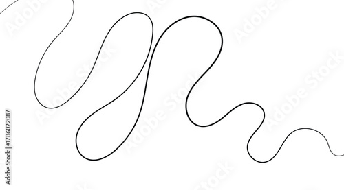 A minimalist black and white image presents a fluid line gracefully weaving across the stark white backdrop, forming organic, teardrop-like shapes and subtle, soft curves