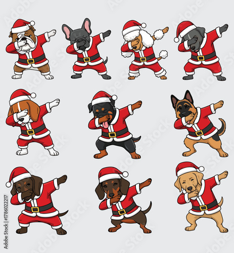 Set of Dabbing Santa Dogs Cartoon Vector Characters Christmas Bundle