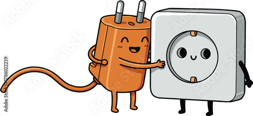 Cartoon plug and socket illustration, electrical connection concept, happy characters, energy transfer, compatibility, cute design, vector art, humor