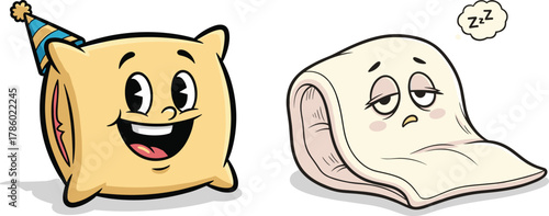Cartoon pillow and blanket characters, happy pillow with party hat, sleepy blanket with Zzz bubble, cute sleep-themed illustration, vector