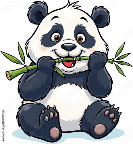 Cartoon panda eating bamboo, cute animal illustration, happy panda character, wildlife drawing, children’s art, playful bear, nature concept