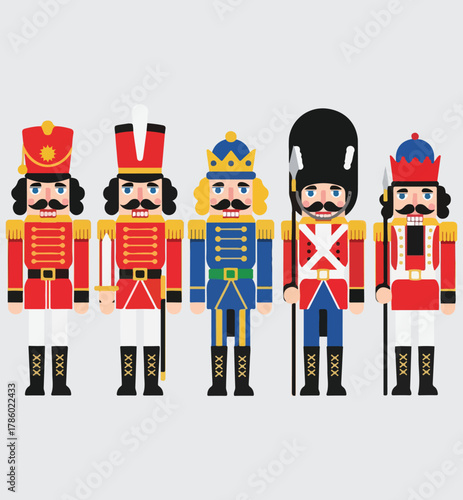Nutcracker Soldiers Vector Set Collection. Five Christmas Toy Guards in Traditional Uniforms for Holiday Design and Decoration.