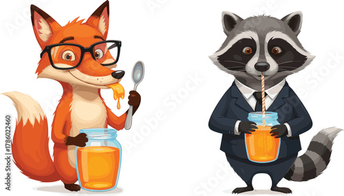 Cartoon fox eating honey, raccoon drinking juice, anthropomorphic animals, funny animal behavior, whimsical illustration, animal characters, human traits, expressive pose