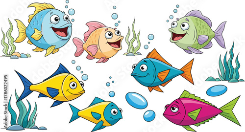 Cartoon fish underwater scene, colorful marine life illustration, happy ocean animals, vibrant aquatic background, playful children’s sea artwork, bubbles