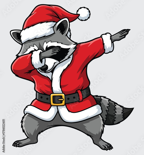 Funny Dabbing Raccoon in Santa Suit Vector. Trash Panda Character Doing the Dab Pose for Modern Christmas and Holiday Humor Design.