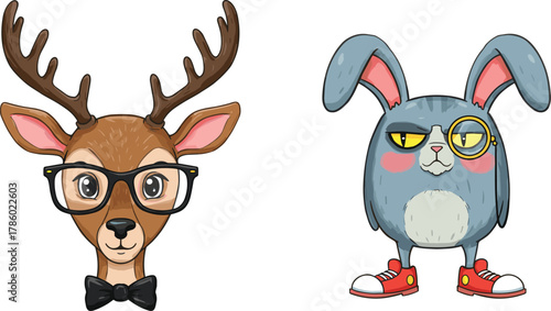 Cartoon deer with glasses, rabbit in sneakers, monocle bunny, anthropomorphic animals, whimsical characters, funny animal illustration, quirky accessories, expressive faces
