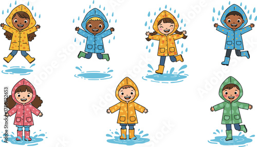 Cartoon children playing in rain, colorful raincoats, puddle splashing, joyful weather, outdoor fun, rainy day activity, kids happiness
