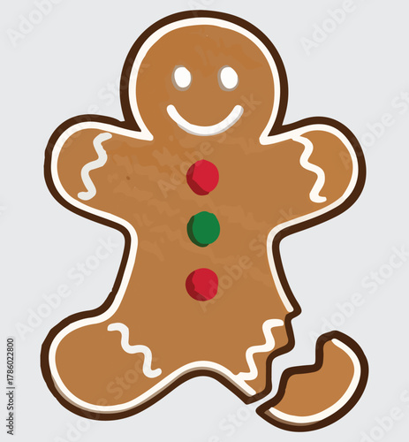 Cute Gingerbread Man Vector with Missing Leg Bite. Simple Christmas Cookie Character Illustration for Holiday Baking and Recipe Design.