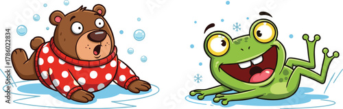 Cartoon bear and frog sliding on ice, winter fun, playful animals, snowflakes, joyful expressions, cold season, animated illustration, cute