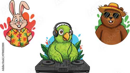 Cartoon animals party, tropical DJ parrot, rabbit in Hawaiian shirt, bear with sunglasses, summer fun, music, vacation, jungle vibe