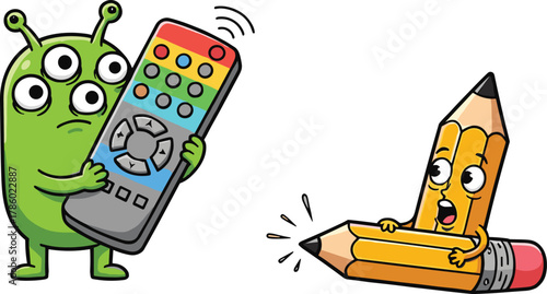 Cartoon alien with remote control, pencil characters in motion, whimsical illustration, children’s media concept, playful design, colorful fantasy scene
