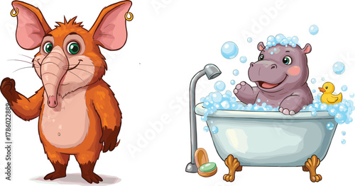 Cartoon animal character, waving creature, hippopotamus in bathtub, bubble bath fun, rubber duck, playful illustration, kids art, whimsical scene