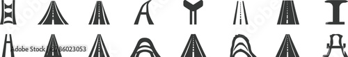 Bridge icons, black and white, suspension bridge, arch bridge, cable-stayed, infrastructure, engineering, road design, vector, graphic, silhouette, transportation, construction