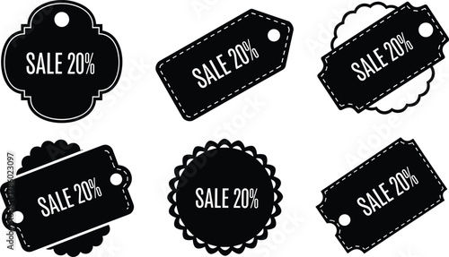 Black sale tags, discount labels, 20 percent off, retail promotion, price cut, marketing design, shopping offer, clearance sale, merchandise deal, commercial signage, store advertising