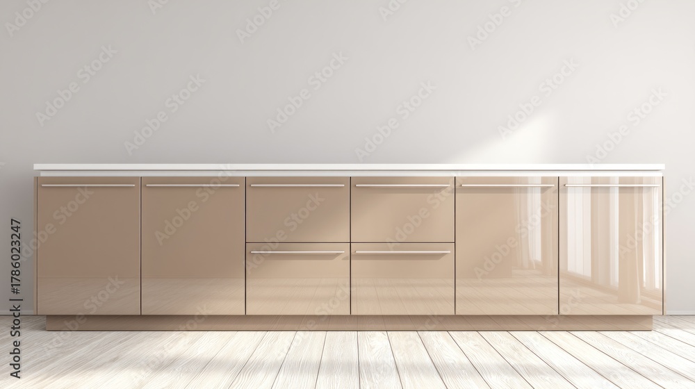 Fototapeta premium This contemporary kitchen showcases smooth mocha mousse cabinetry, reflecting modern design