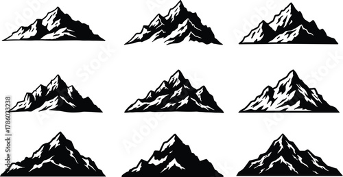 Black and white mountain illustrations, rugged peaks, graphic contour design, bold silhouette, alpine terrain, nature icons, outdoor adventure, minimalist style
