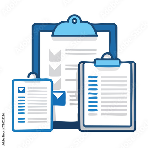 Multiple clipboards displaying various documents and checklists for task management.