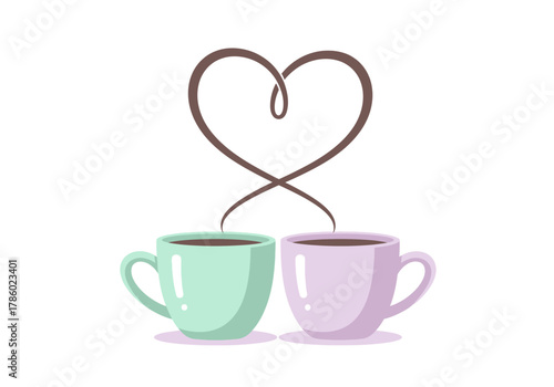 Couple Mugs Illustration with Stylized Heart Steam Mint and Lilac for Romantic Morning Drink