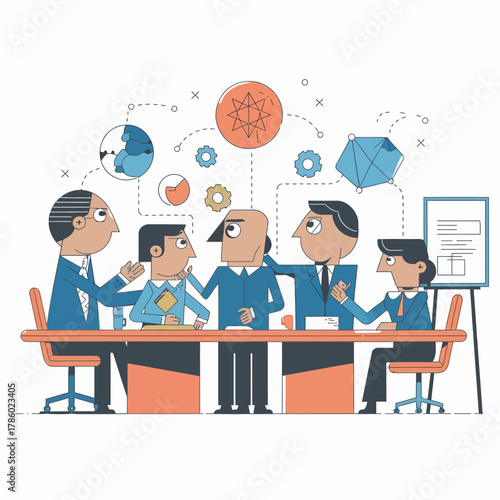 Business roundtable discussion illustration, flat design vector, modern corporate style	