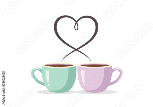 Mint and Lilac Couple Coffee Mugs Illustration with Minimalist Heart Steam for Romantic Moment