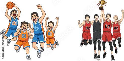 Basketball players celebrating victory, team spirit, trophy celebration, sports success, winning moment, energetic athletes, championship joy, teamwork, competitive game, happiness