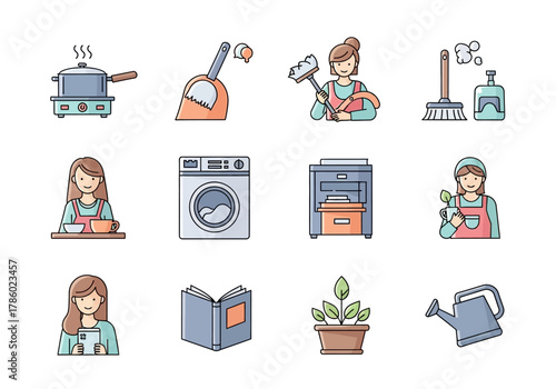 Icons Set of Household Chores and Leisure Activities Cooking Cleaning and Gardening