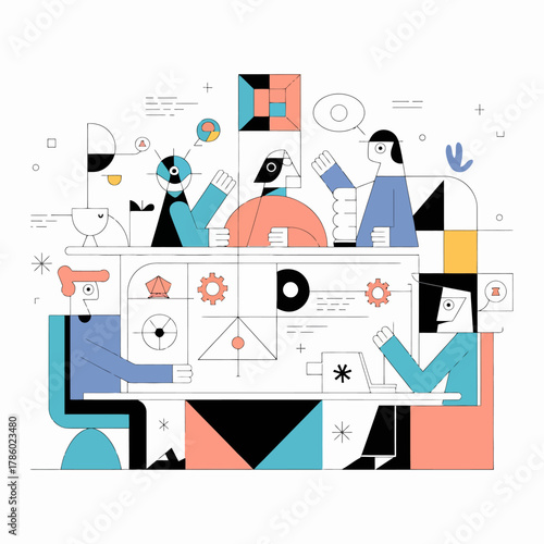 Business roundtable discussion illustration, flat design vector, modern corporate style	