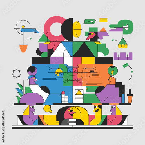 Business roundtable discussion illustration, flat design vector, modern corporate style	