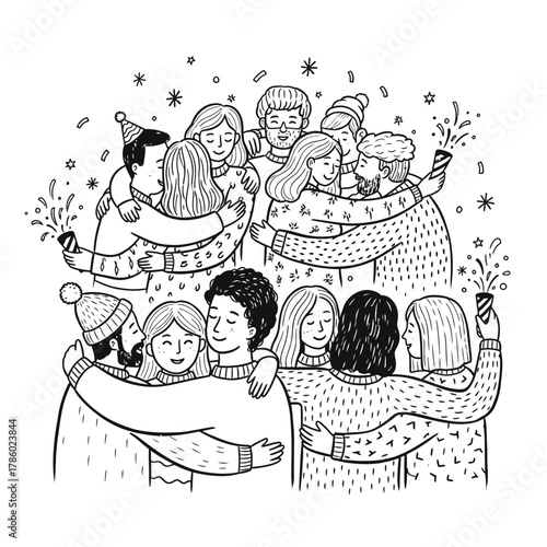 A joyful group of diverse friends and family members warmly embrace, celebrating a special occasion with festive confetti and shared happiness.