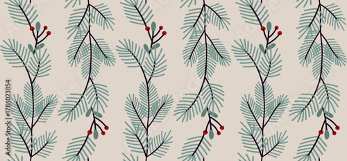 Winter Evergreen Branches with Red Berries Illustration