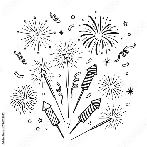 A festive collection of hand-drawn fireworks, sparklers, and firecrackers exploding with confetti, perfect for celebrating holidays and special events.