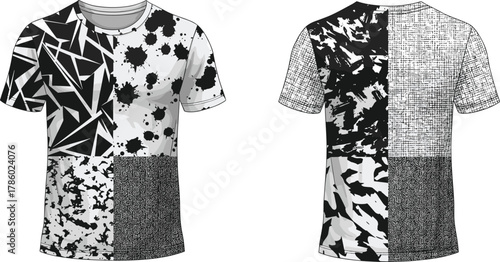 Abstract patchwork t-shirt, black and white patterns, geometric design, splatter texture, static noise, urban fashion, modern streetwear, edgy style