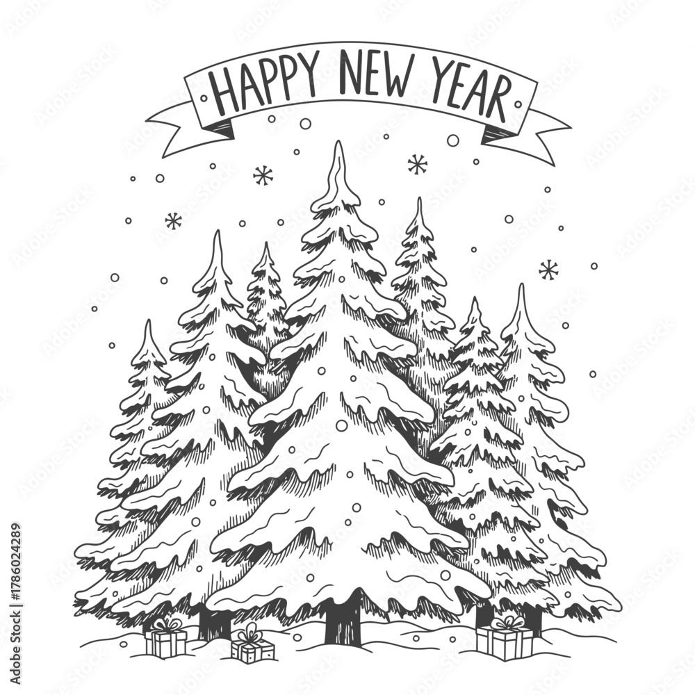 Fototapeta premium A festive hand-drawn illustration of a tranquil snow-covered winter forest, adorned with gifts and a 'Happy New Year' banner, perfect for holiday designs.