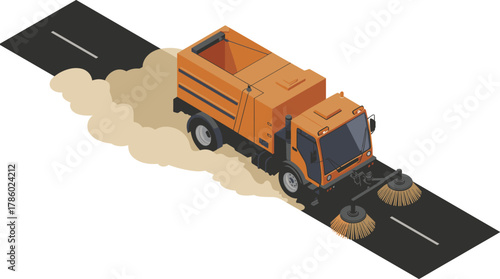 Isometric 3D illustration of an orange street sweeper cleaning dusty road, city maintenance vehicle concept for urban cleaning and sanitation