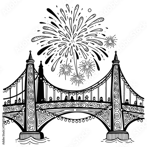 A beautifully detailed hand-drawn illustration captures a festive bridge adorned with lights, illuminated by spectacular fireworks, perfect for celebration designs.