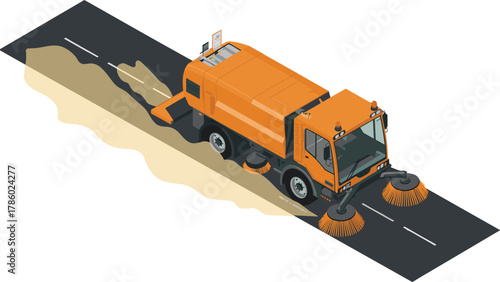 Isometric 3D illustration of an orange street sweeper cleaning dusty road, city maintenance vehicle concept for urban cleaning and sanitation