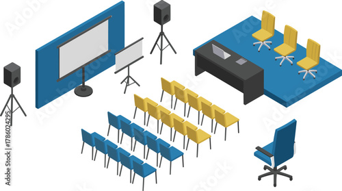 Isometric 3D illustration of modern conference room interior with stage, chairs, projector screen, meeting tables, and presentation setup design