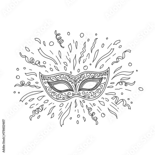 An elegant hand-drawn outline of a Venetian masquerade mask, surrounded by festive confetti and swirling streamers, perfect for carnival celebrations.